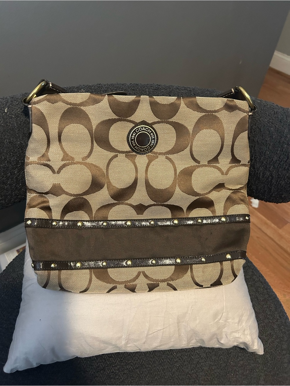 Coach Signature Crossbody Bag in Brown/Tan with Pink Interior
